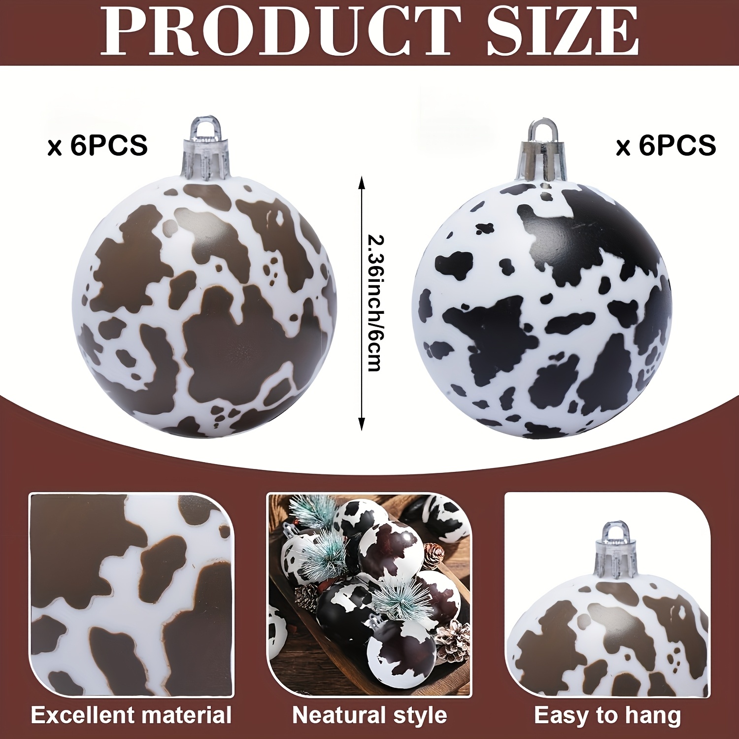 TEMU 12 pz Palline Natalizie Stampate Pelle di 2,4 Pollici in Plastica Ornamenti Western Decorazioni per Feste Country Western Palline Natalizie per