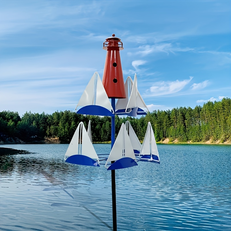1pc Metal Double-layer Ocean Sailboat With Lighthouse Wind Spinner For Spring/summer Outdoor Garden Lawn Decoration, Holiday Gift