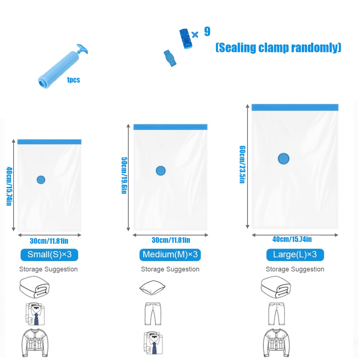 TEMU Set de 19 sacs de compression sous vide pour vêtements de voyage, combinaison de 3 tailles (3S//3L), inclut 9 clips de fermeture et une pompe à