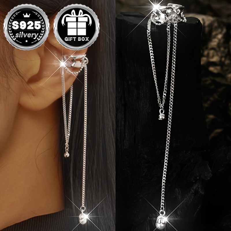 

1pc925 Sterling Silver Hypoallergenic Hollow Chain Ear Bone Simple Tassel Classic Fashion Temperament Elegant Sexy Earrings (about 3.1g)