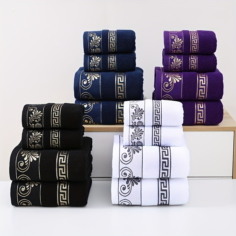 

Contemporary Cotton Towel Set - 4pcs (2 Bath Sheets, 2 Hand Towels) 450 Gsm, Embroidered Geometric Pattern, Super Soft Knit Fabric, Hand Wash, Universal Holiday Gift For Travel, Home, Bathroom