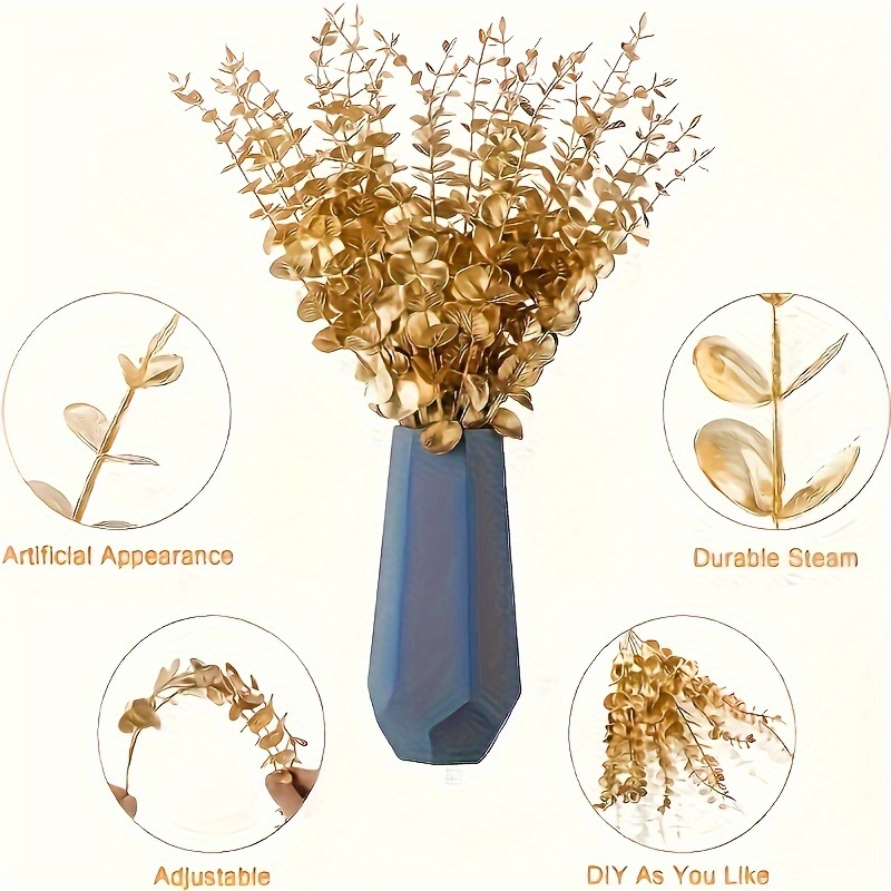 Image of 10pcs Golden Eucalyptus Artificial Flowers - Weddings, Home & Hotel Decor | Floral Arrangement For Living Room, Bathroom | No Container Included