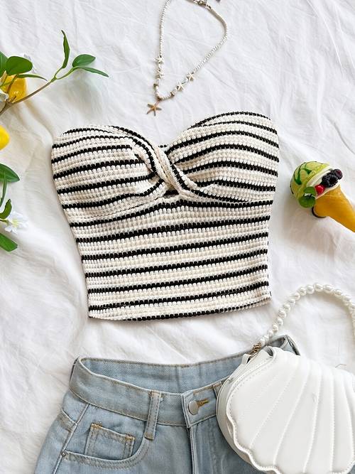 womens elegant striped twist bandeau crop top non suitable for medium stretch blouse compatible basic top for beachwear casual outfits machine washable year round versatile shirt