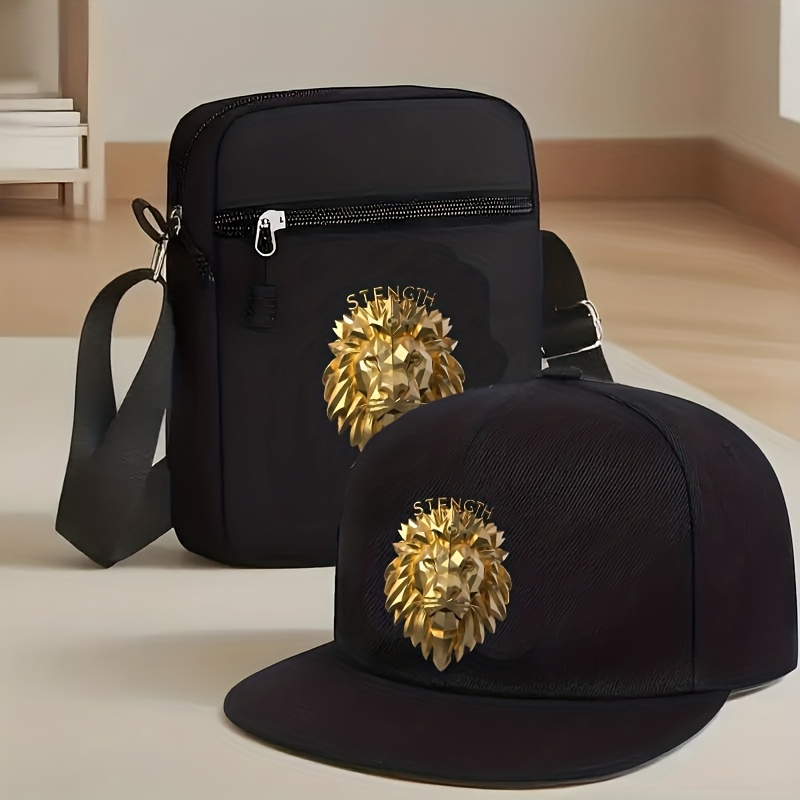 E-shop 2er-Set, STRENGTH Metall Löwe Baseball Cap und Schultertasche, Unisex Trend Outfit, Geeignet für Sport und , Robuste und stylische zweiteilige