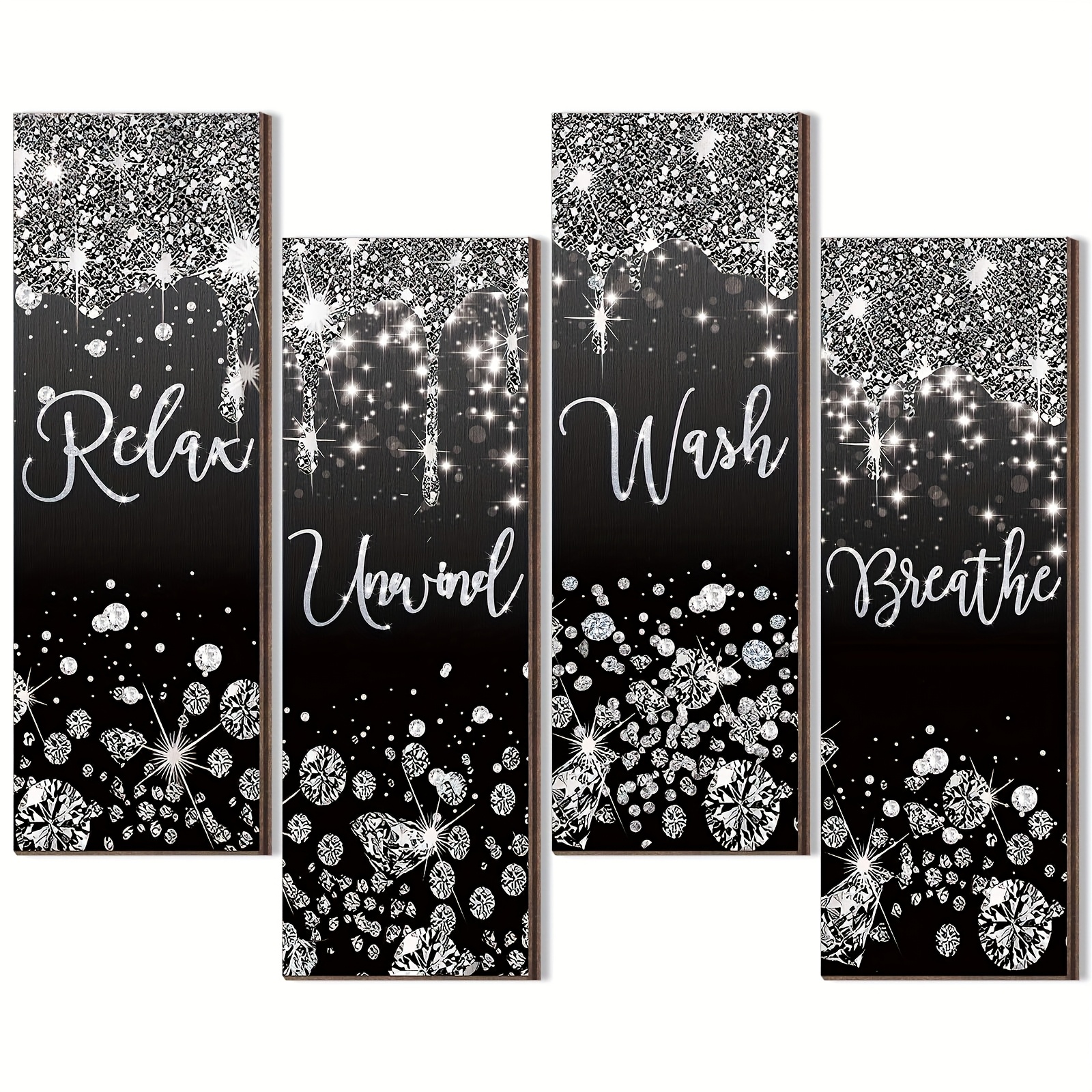 TEMU 4pcs Wooden Glitter Diamond Bathroom Wall Decor, Wood Relaxation Wish Relaxation Breathing Wall Art Decoration, Black Silvery Sparkling Hanging