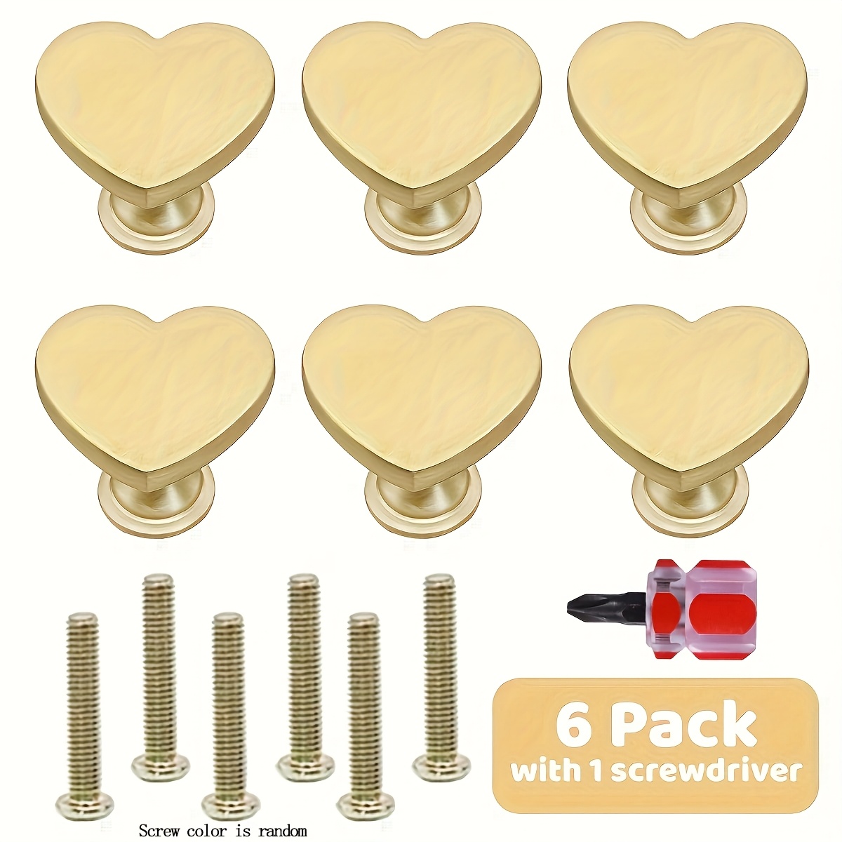 TEMU Lot de 6 poignées de meuble dorées de cœur - Boutons de porte métalliques à mate à trou unique pour cuisine, salle de bain et tiroirs de meubles