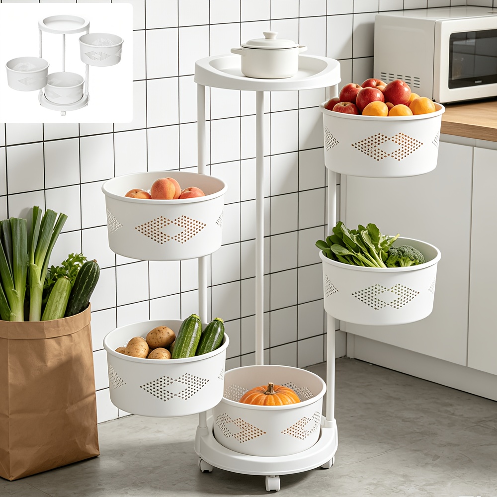 TEMU 3/ 5-tier Shelves On Wheels, 360° Rotating Vegetable Rack, Vegetable Storage, Kitchen Trolley Storage, Bathroom Organizer With Round Baskets,
