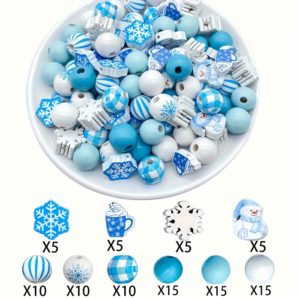 95pcs Of Blue Snowflake Patterned Wooden Beads, Featuring Three-dimensional Snowmen And Alternating White And Blue Beads, Suitable For Christmas Decorations, Earrings, Necklaces, Bracelets, Wreaths