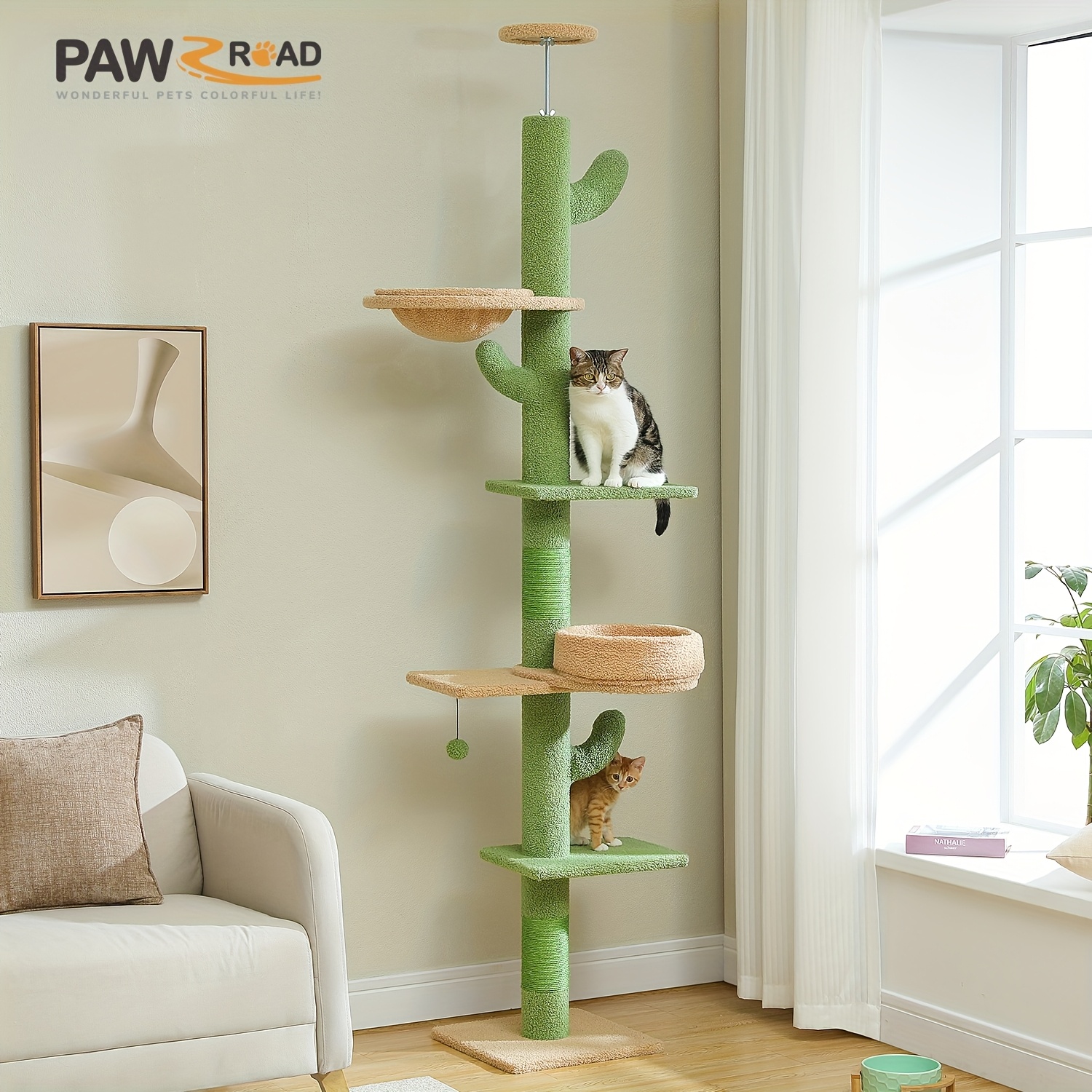 floor to ceiling cat tree for indoor cats adjustable height tall cat tower with thick scratching posts cozy hammock soft perch cat scratcher cat toys wood brand   road