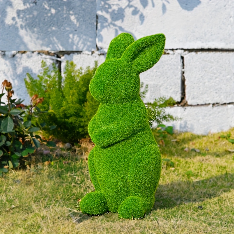 Image of Green Flocked Rabbit Statue, 15.96 Inches - Easter And Decoration, Outdoor Moss Rabbit Statue, Perfect For , Yard, Home Party Decor Courtyard Display, Animal Theme