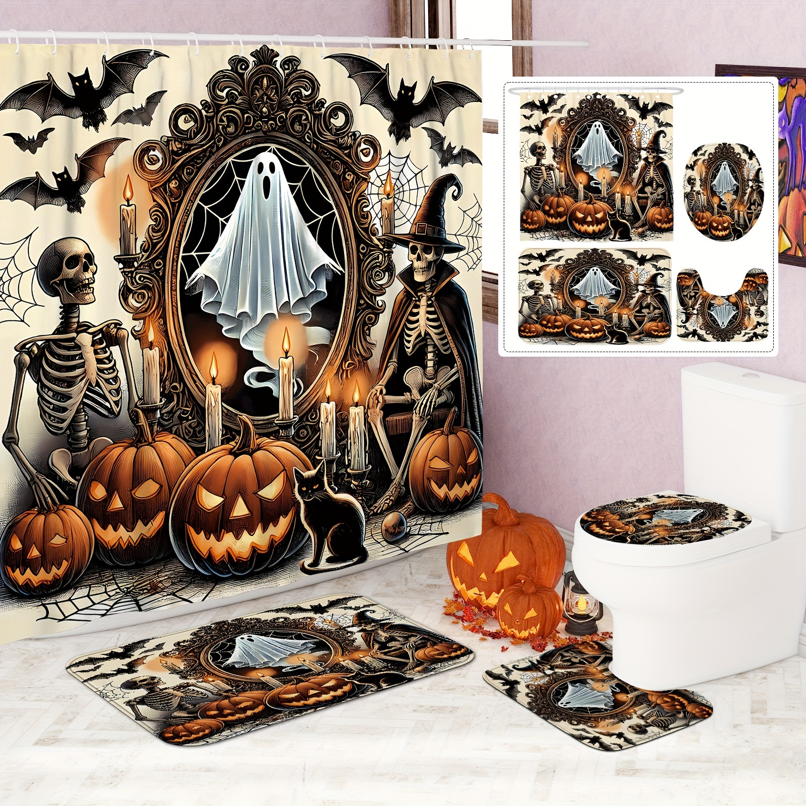 

Shower Curtain Set (1pc/4pcs Option) - Waterproof & Washable Polyester With Skeleton,, Pumpkin, - Includes Non-slip Bath Mat, U-shaped Toilet Lid Cover & 12 Hooks - Autumn Bathroom Decor