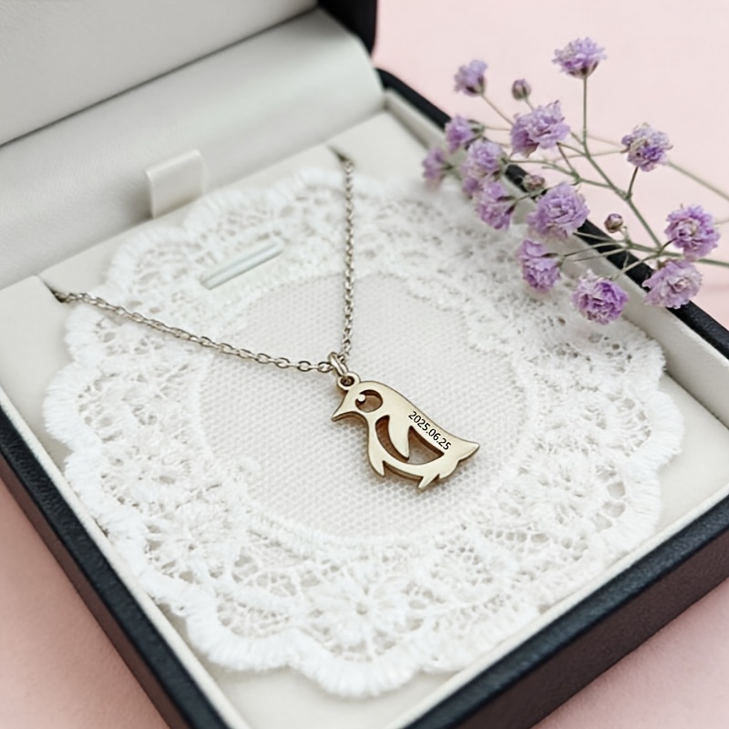 TEMU Personalized Penguin Necklace With Custom Text & Penguin Pendant - Stainless Steel Penguin-shaped Pendant With Your Own Message, Elegant Luxury