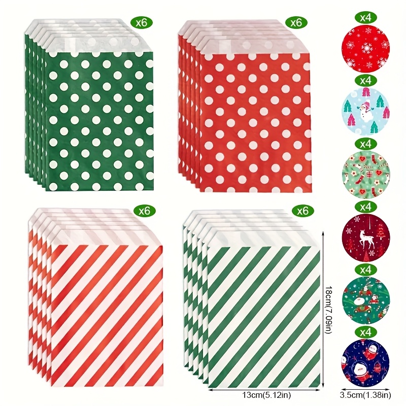 Image of 24 Paper Bags + 24 Stickers, Red And Green Polka Dot Diagonal Stripe Christmas Holiday Party Gift Bags, Small Gift Decorative Packaging Bags, Festive Wrapping Bags, Gift Storage Bags