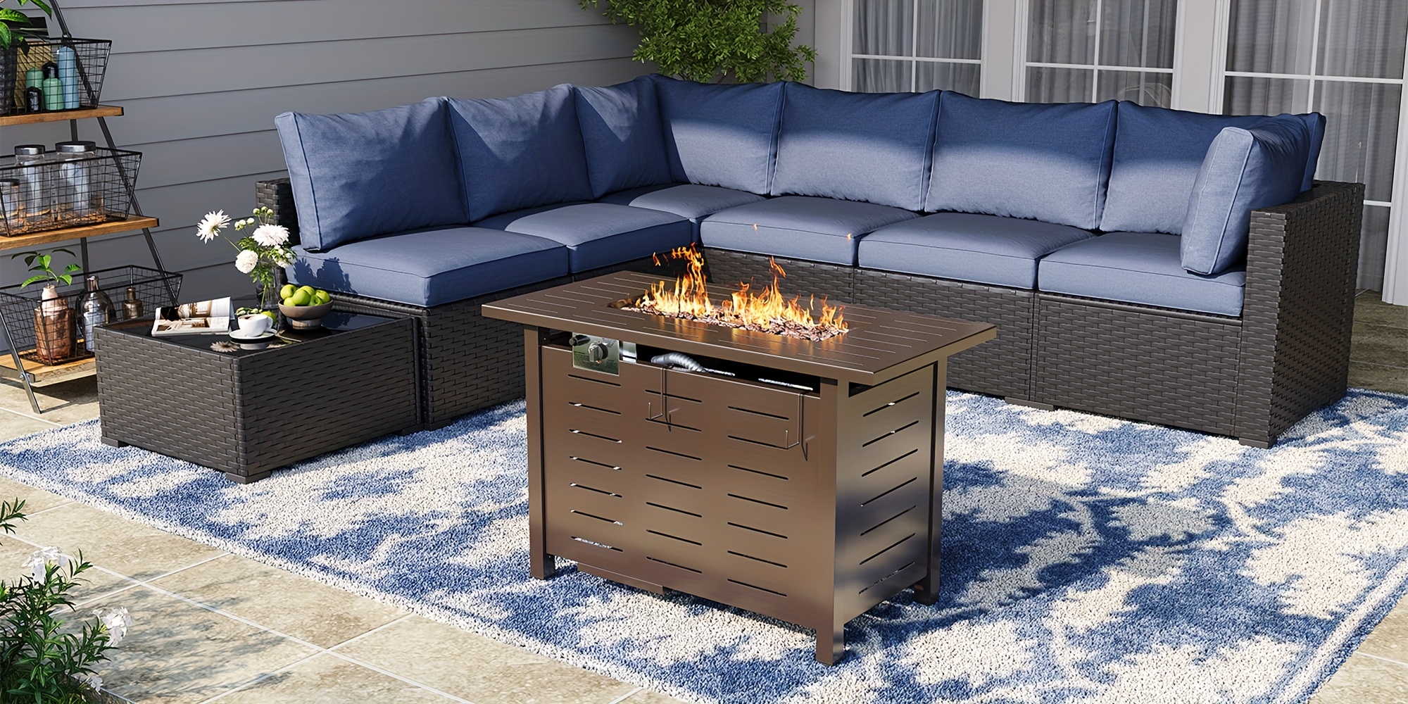 3 - 8pcs Outdoor Sectional Patio Furniture Set with Patio Umbrella/Outdoor Fire Pit | L-Shaped Wicker Rattan Conversation Set | 4