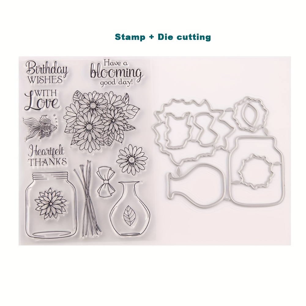 

Flower Stamps And Metal Die-cuts Set For Diy Card Making, Scrapbooking, And Album Decoration - Transparent Seal With Floral Theme - Black And Other Colors Available