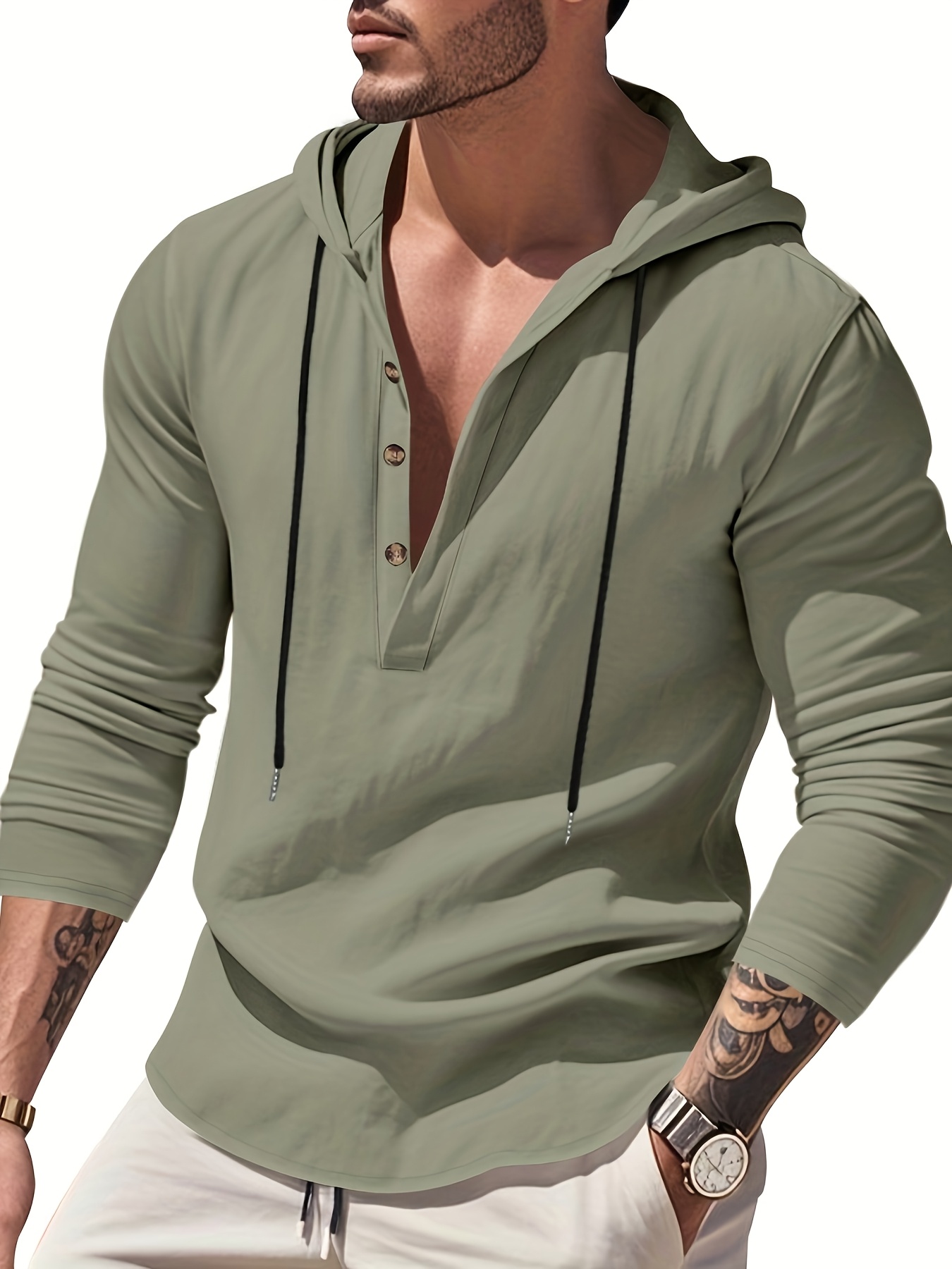 men's breathable linen hooded long sleeve shirt loose fit Temu Oman