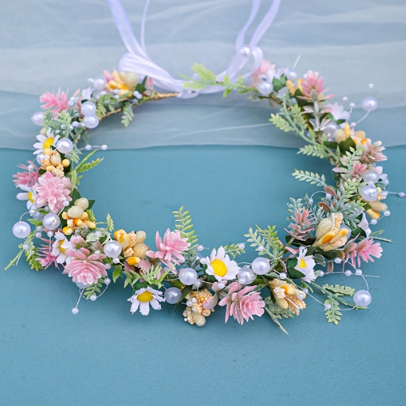 1pc Bohemian Style Simulated Flower Hawaiian Garland Headdress Travel Shooting Vacation Beach Photo Head Flower Hair Additions Handmade Outdoor Wedding Bride Garland Jewelry