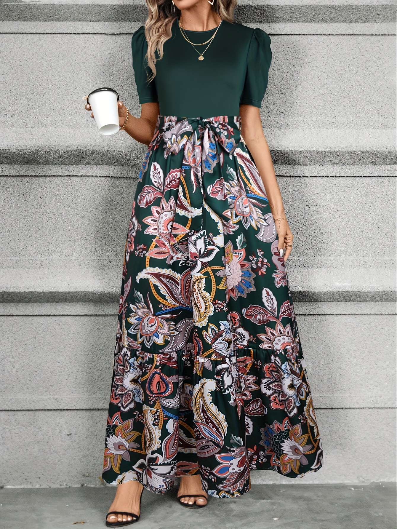 elegant floral print a line dress puff sleeves belted waist - Temu Colombia