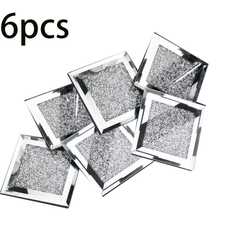 TEMU 6pcs Luxury Crushed Diamond Coaster, Non-slip Round Mirror Coaster, Shiny Crystal Inlaid Coaster, Suitable For Kitchen Dining Room Decoration