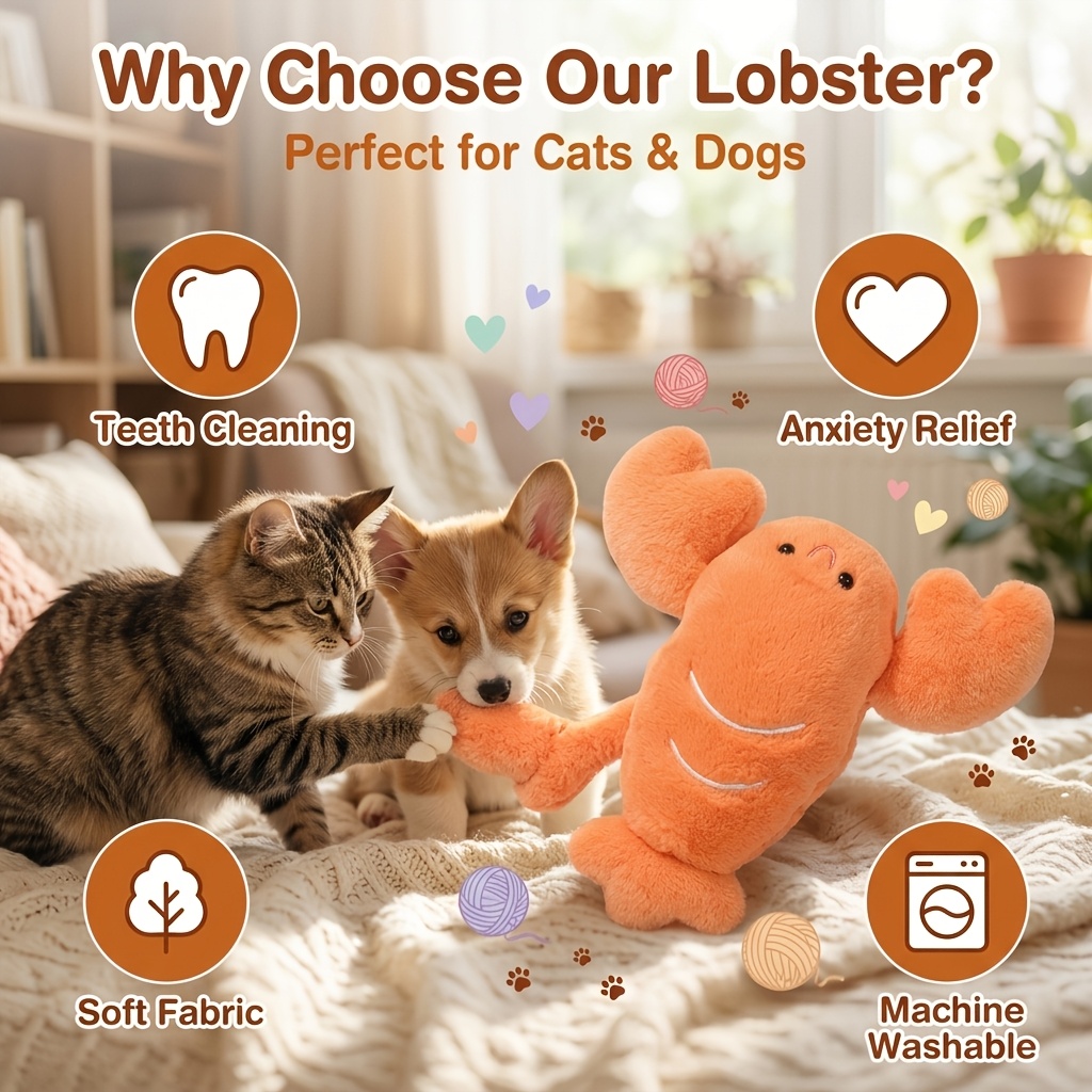 TEMU Cute Orange Lobster Plush Dog Chew Toy, Soft Stuffed Pet Interactive Toy, Anxiety Relief Teething Toy For Puppy, Stop Destructive Chewing,