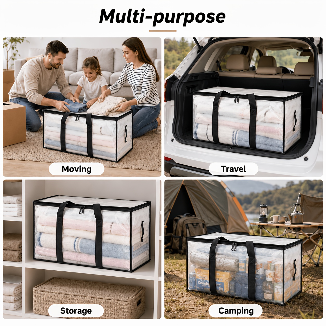 6-Pack Heavy-Duty Oversized Moving Bags with Reinforced Handles, Snap-Close Buckle Lids, Plastic Storage Totes for Clothes and Quilts