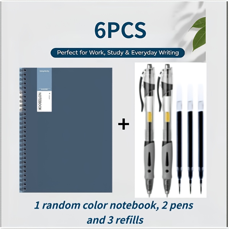 TEMU 6pcs - 1 Random A5 Spiral Notebook + 2 Gel Pens + 3 Refills - Durable Soft Cover, Diary, Ledger, Notebook, Wire-stitched Binding, Ideal For