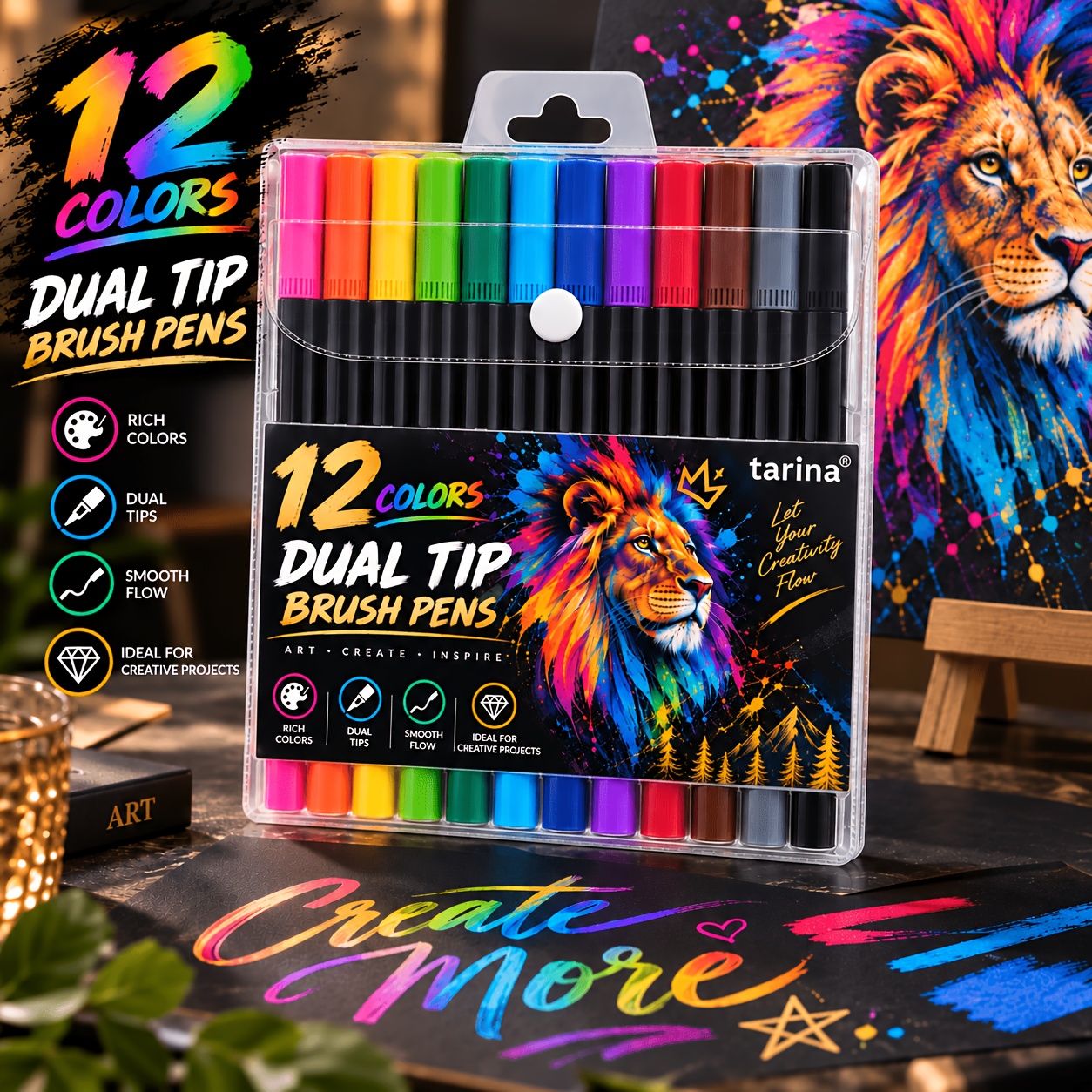 TEMU Ensemble de 12 stylos d'art à double pointe - Sèchage rapide, couleurs mélangées, utilisation professionnelle - pour Noël, Halloween, Pâques,
