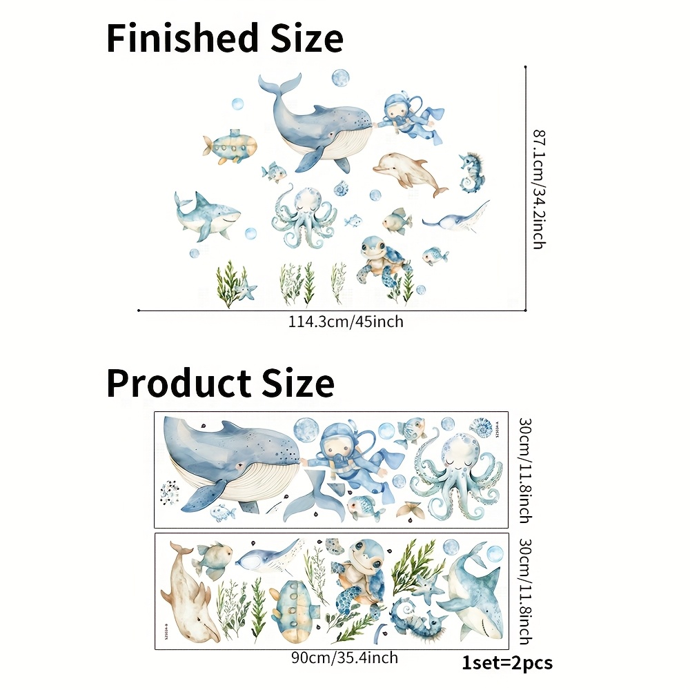 2 Sheets 1 Set Decorative Sticker Wall Decal Creative Whale Octopus Seaweed Pattern Living Room Bedroom Transfer Waterproof Self-adhesive Removable Pvc Decoration Stickers
