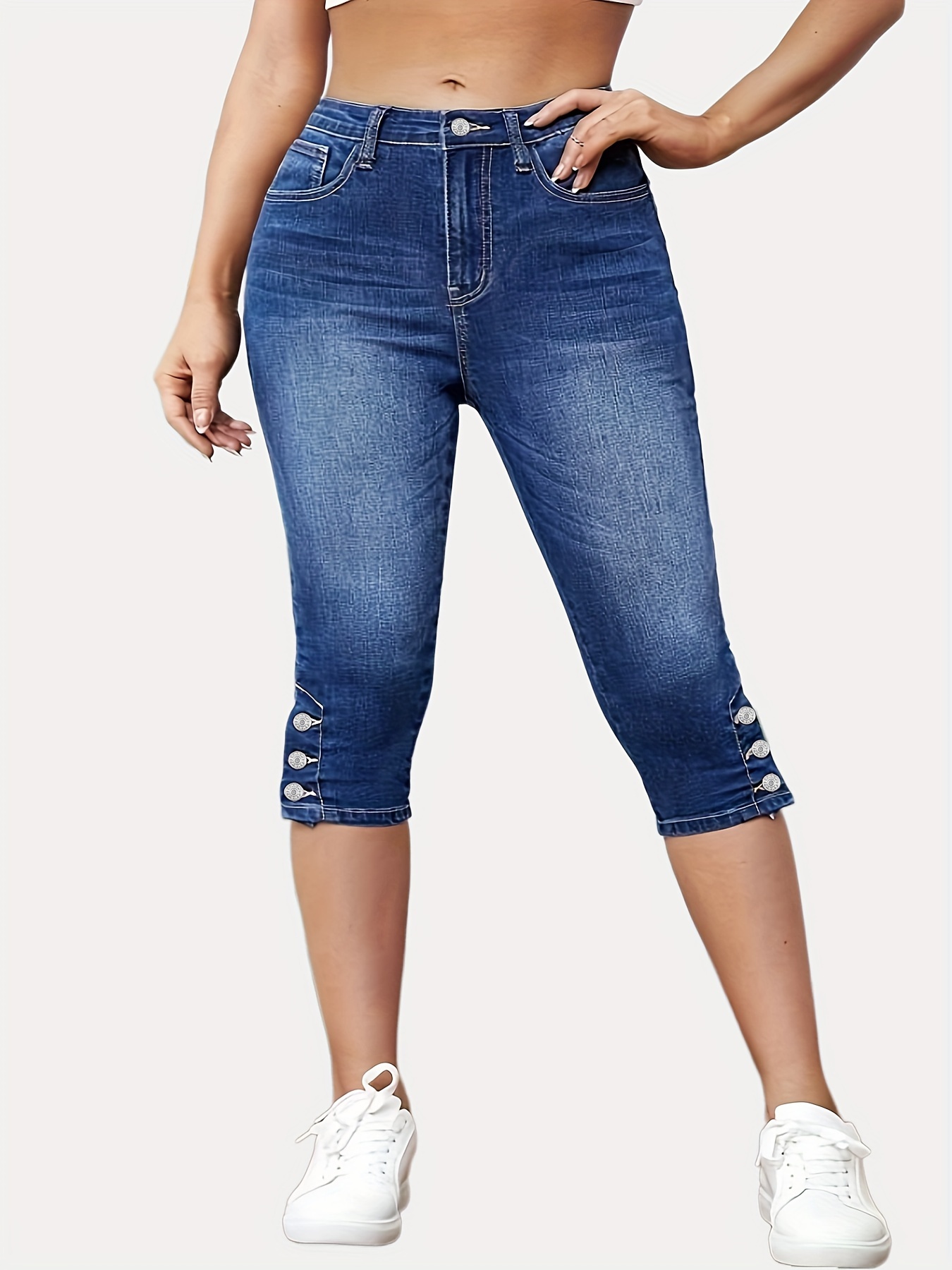 Conshvi Women's High Waisted Capris Jeans Trendy Skinny Stretch Capri Jeans  Elastic Waist Drawstring Denim Capris Pants, Blue, Small at  Women's  Jeans store
