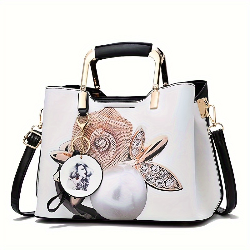 Women's High Quality Synthetic Leather Handbag with Adjustable Shoulder  Strap Large Capacity Floral Print Handbag, Golden-Tone Hardware Zipper  Clo