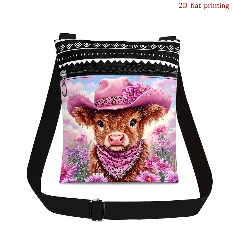 TEMU 2d Flat Crossbody Bag Suitable For Men And Women, Adjustable Shoulder Strap And Zipper Closure, 2d Flat Printed Cute Highland Cow With Pink