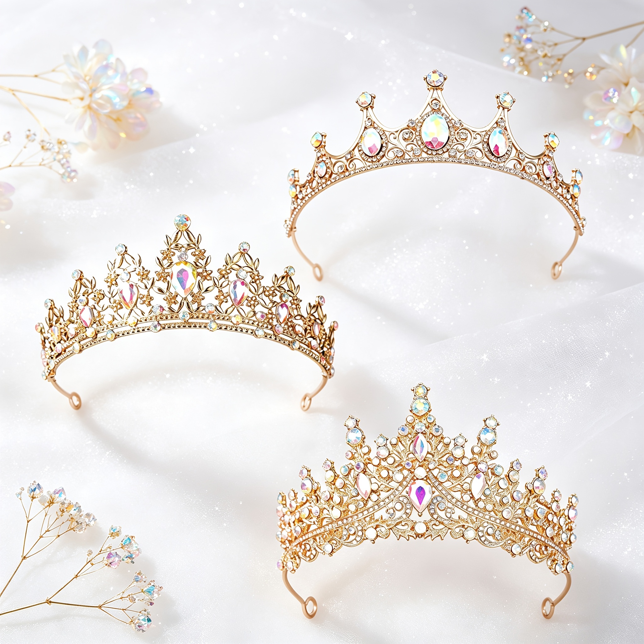 TEMU 3pcs 3pcs Women's Rhinestone Crown & Tiara Set - Hollow-out Bridesmaid Headpieces Suitable For Wedding Dresses, Birthday Outfits, Photo Shoots,