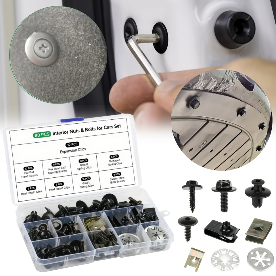 80pcs Heavy-Duty Metal Auto Body Fastener Kit with Protective Washers & U-Clips -   Car Panel Retainer Set with Storage Box, Color-Coded (Black/Gray) for Doors, Hood, Trunk, Roof - Compatible with Cars, Trucks, SUVs, - Durable Metal Construction for   & Repair -   80  Clips, Washers & U-Clips for Secure Panel Attachment - Ideal for Car Repair & Maintenance, Fasteners for Cars,  , Car Body Fasteners, Vehicle Fasteners