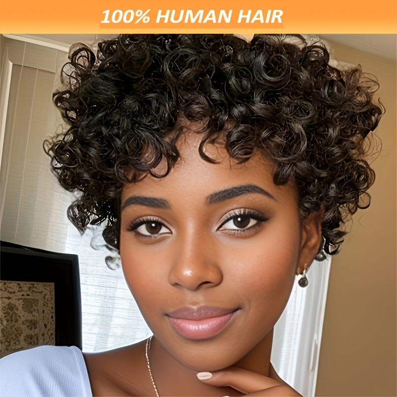 

Woven Wigs Short Pixie Cut Curly Human Hair Wig With Bangs, 180% Density Glueless Loose Wave Rose Net Cap Wig, Fashionable Easy Wear Layered Wave Wig For Women - Suitable For African Hair Styles