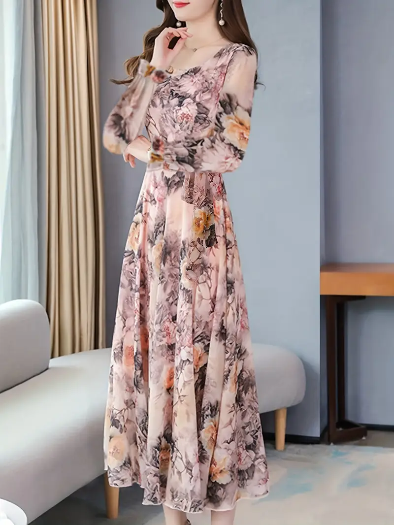 long sleeve casual chiffon dress Watercolor Print Chiffon Maxi Dress