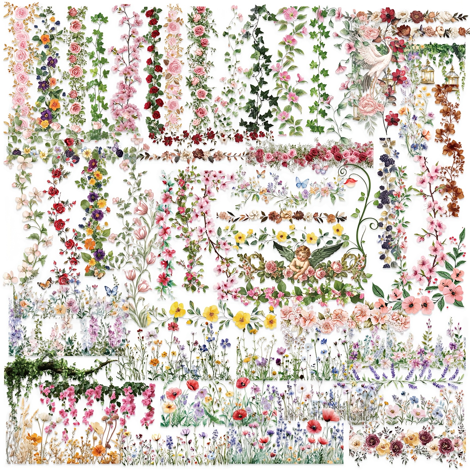 TEMU 60pcs Floral Hand-drawn Journal Borders Stickers Transparent Pet Booklet Flower Material Decorative Guitar Notebook