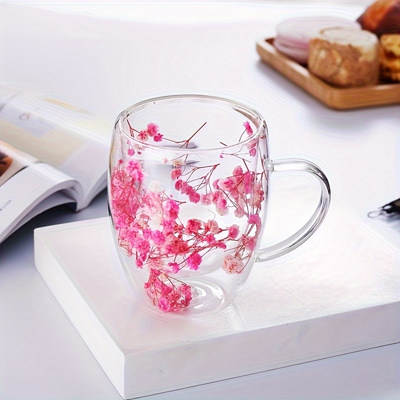 

Double Wall Glass Mug With Pink , 350ml – Handled Insulated Coffee , No Required – Set Of 1