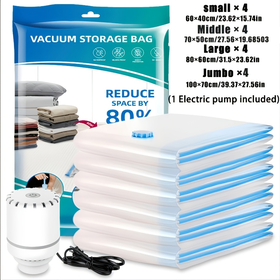 TEMU [Sacs de Rangement Sous Vide] Lot de 16 Sacs de Compression Sous Vide avec Pompe Électrique, (4 Petits, 4 Moyens, 4 Grands, 4 Très Grands) Sacs