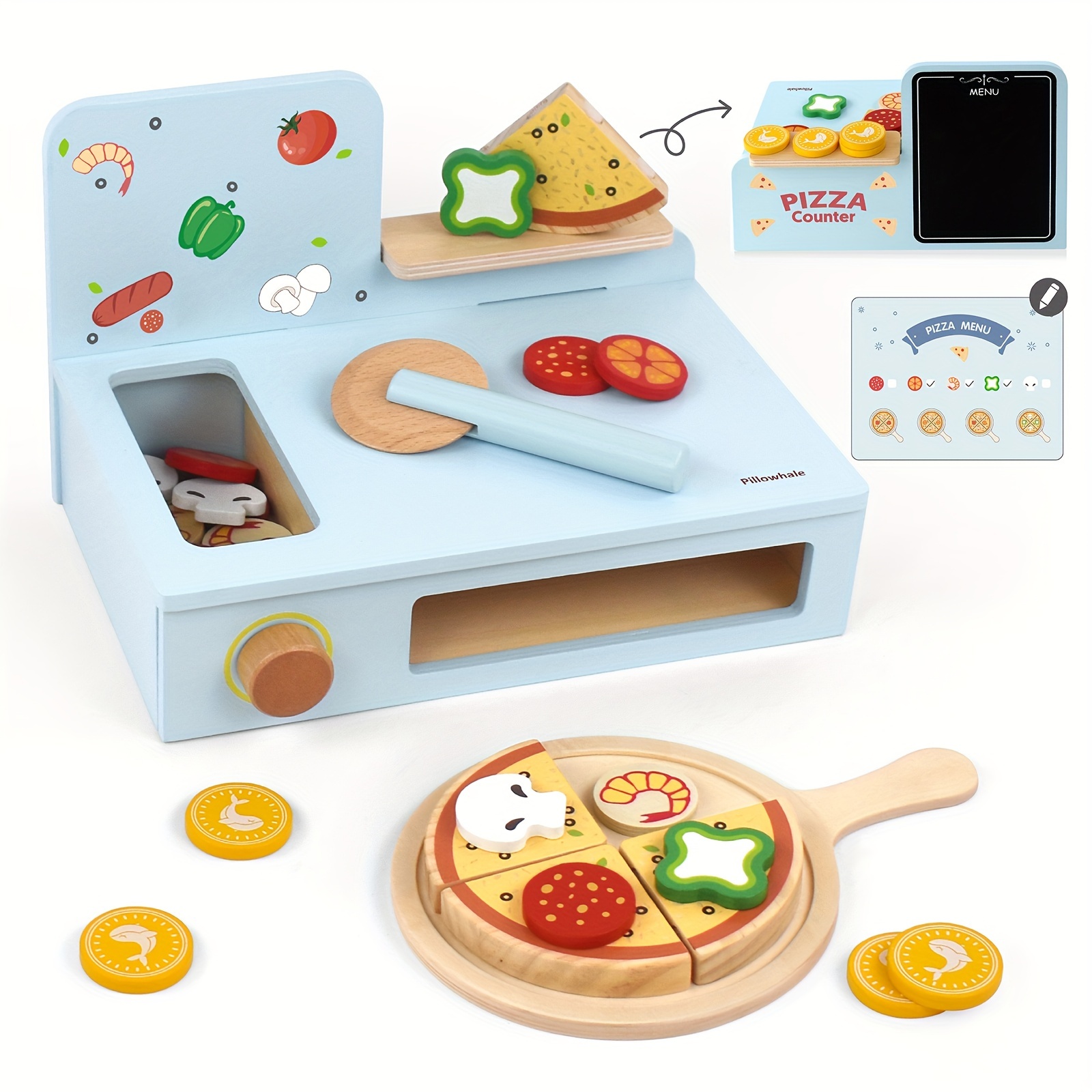 

Wooden Pizza Toy Set, Kids Pretend Play Food For Kitchen, Wooden Pizza Counter Play Set, Play Kitchen Accessories For Toddlers Boys Girls Ages 3+