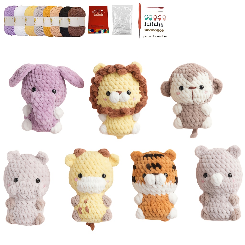 TEMU 7pcs Animal Crochet Kit For Beginners, Beginner Crochet Kit For Adults With Video Tutorials, Elephants, Tigers, Giraffes, Diy Crafts For Adults,