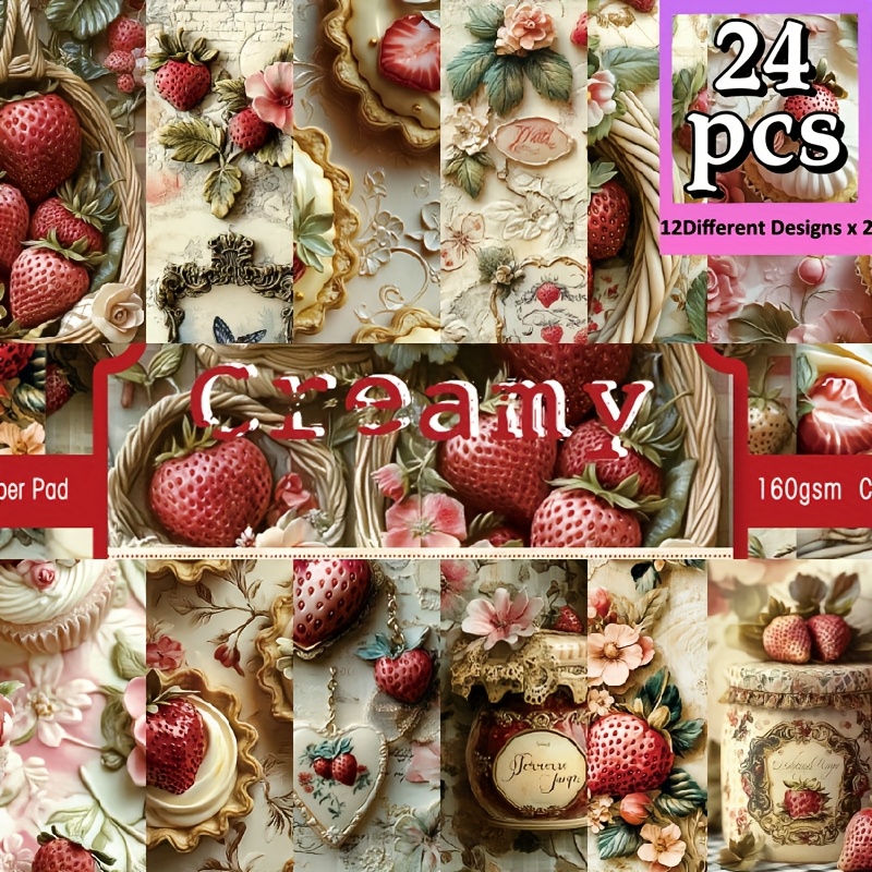 

Ensemble de 24 cartons de scrapbooking sur le thème des fraises, décoratif uni de 6 pouces, variés de gâteaux et de gelées à la , pour albums DIY, journaux, cadeaux et papeterie de mémo