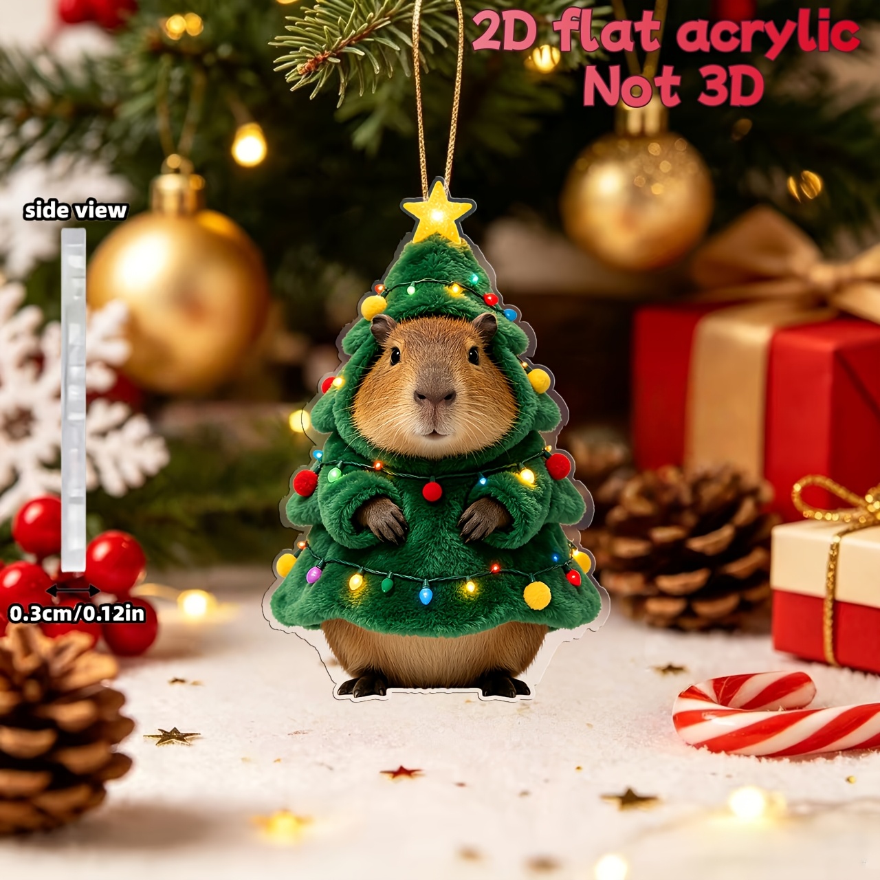TEMU 2d Flat, 1pc Cute Capybara Christmas Hanging Ornament - Acrylic Hanging Decoration, Featuring A Capybara Wearing Christmas Tree Plush Costume,