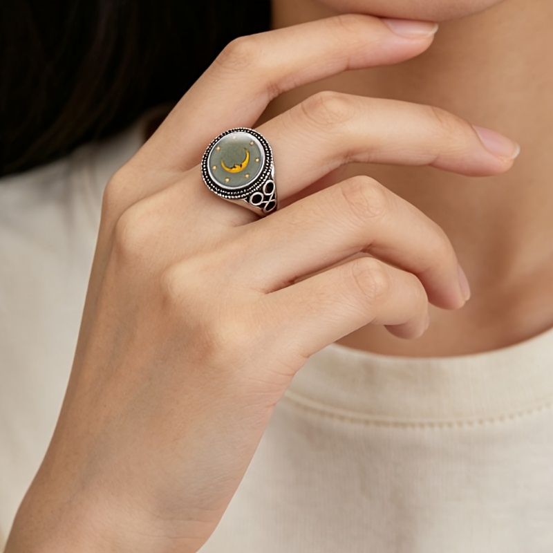 Classic Black Adjustable Ring with Yellow Crescent Moon