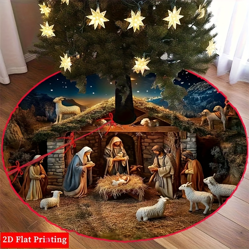 TEMU Jupe d'arbre de Noël imprimée en 2D avec scène de la , moutons et , mettant en Marie, Joseph, les bergers et les - Décoration de fête légère et
