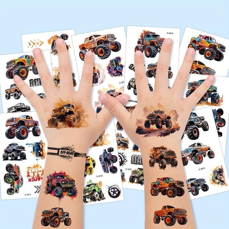 

10 Sheets Off-road Temporary Tattoo For Women Men- Truck Fake Tattoos Birthday Party Decorations