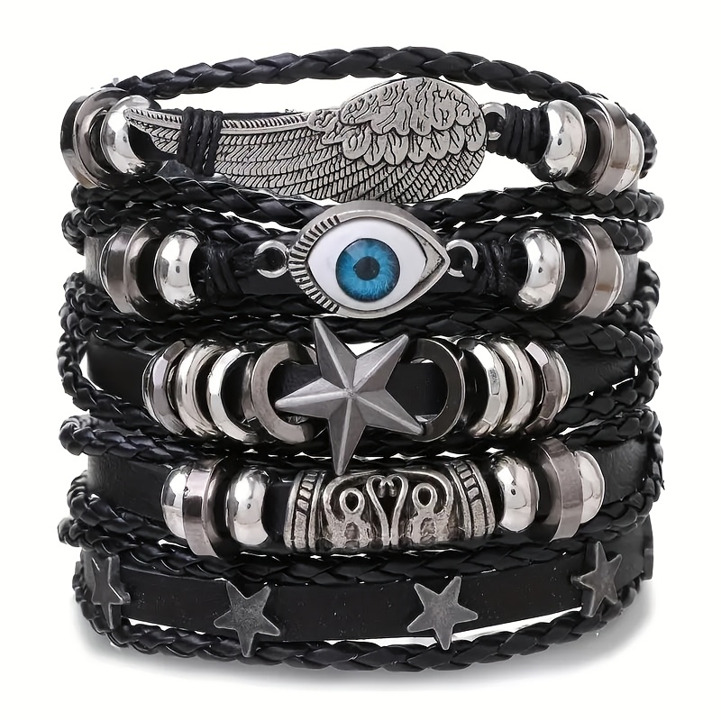 TEMU 5pcs Punk Style Winged Glasses Accessory And Men's Bangle Bangle Bracelet Set