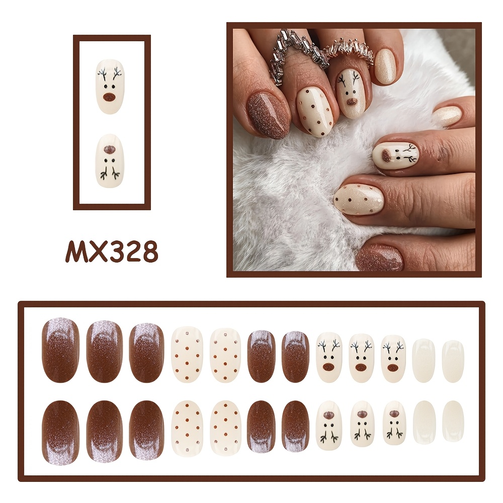 TEMU 24pcs Christmas Press-on Fake Nails, Glittery Christmas Reindeer Brown Polka Dot Festive Winter Fake Nails, Suitable For Christmas Gifts For