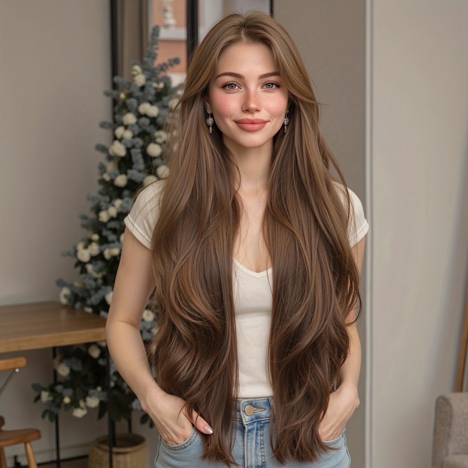 32 inch brown   long straight hair with side   bangs machine made   cap womens wig elegant goddess style for autumn winter suitable for work school makeup no makeup halloween and daily life