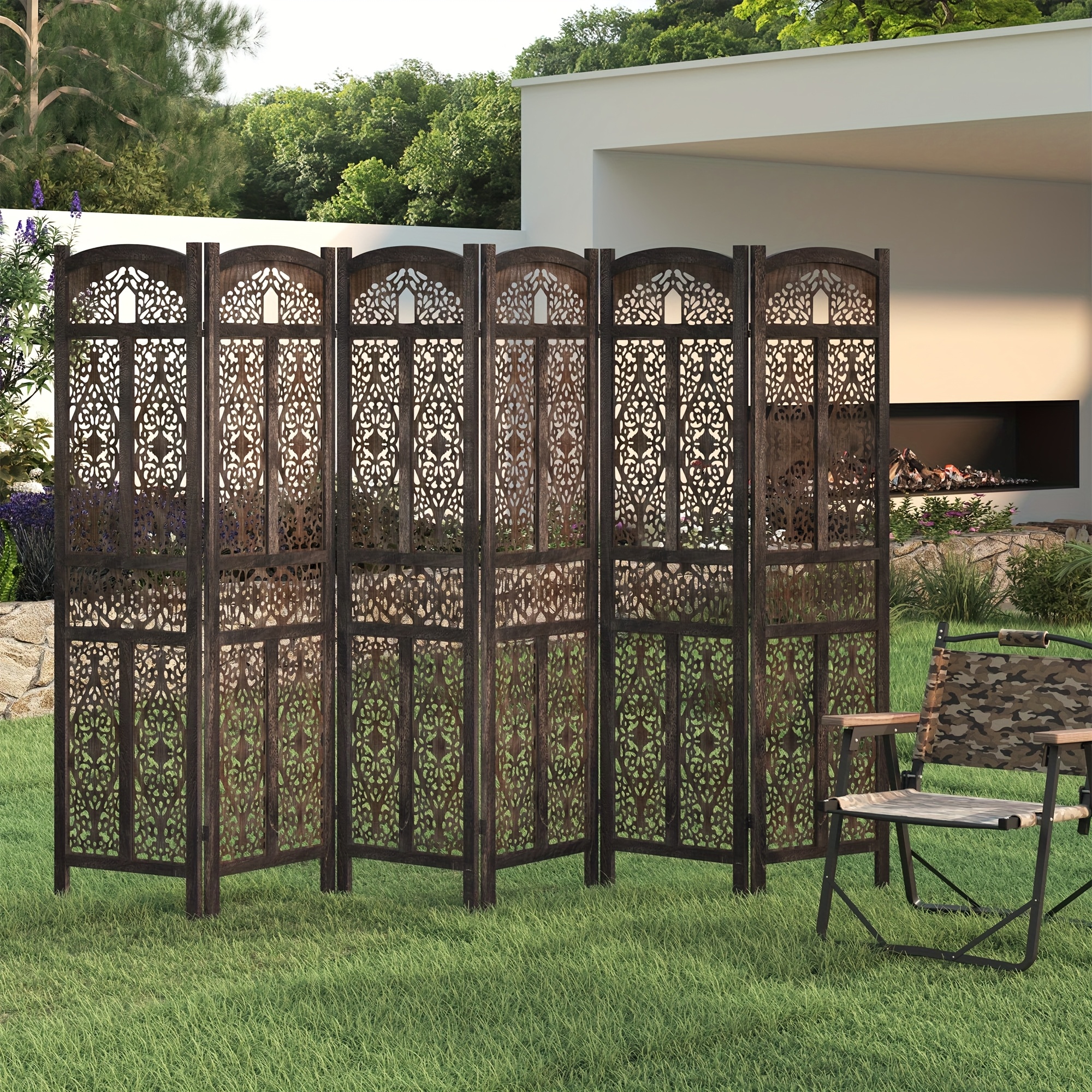 Handmade 4 or 6 Panel Floral Carved Wood Room Divider Screen - Freestanding Folding Privacy Partition with Burning Walnut & White Finish, Ornate Lattice Design, Lightweight Portable for Home Office Hotel Decor, Space-Saving Decorative Partition