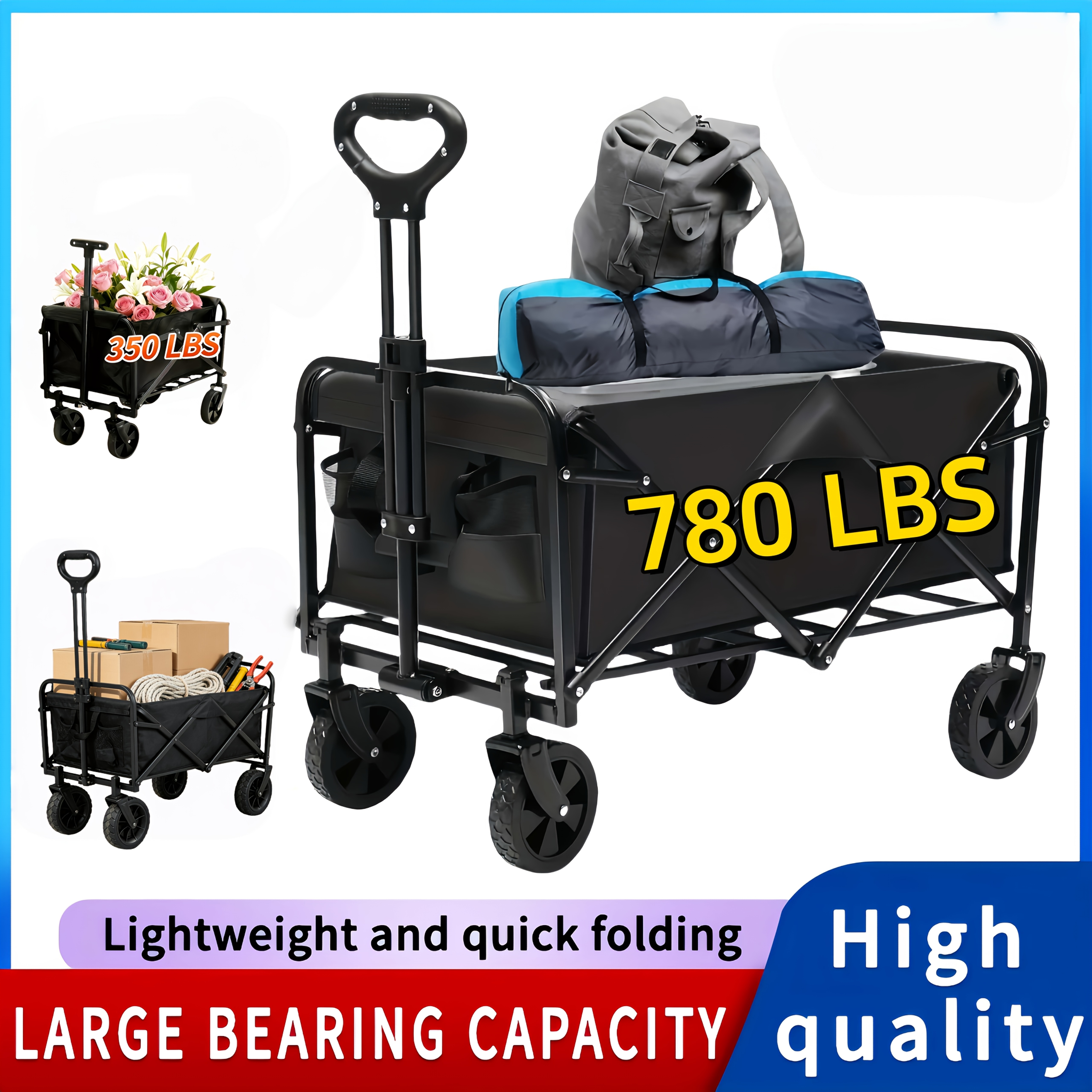 heavy duty folding cart heavy duty all terrain folding cart 350lbs 520lbs 780lbs large capacity   utility cart for yard shopping sports outdoor gardening equipment black multifunctional